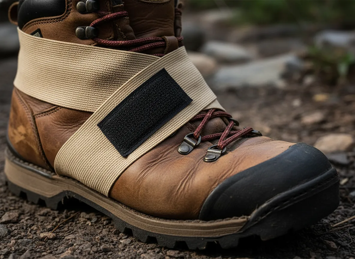 Elastic bandage wrap with velcro on a hiking boot