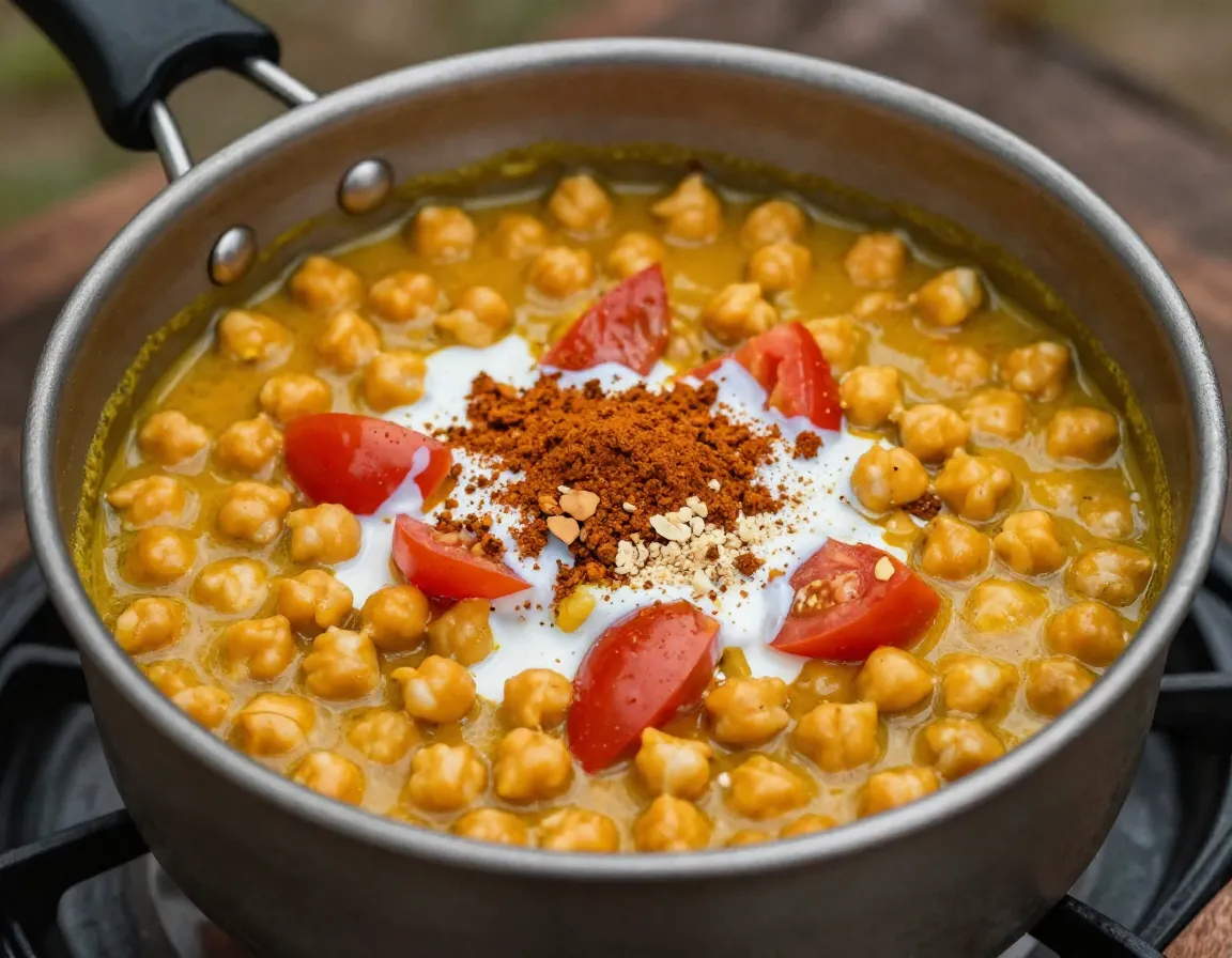Coconut curry chickpeas simmering in camping pot