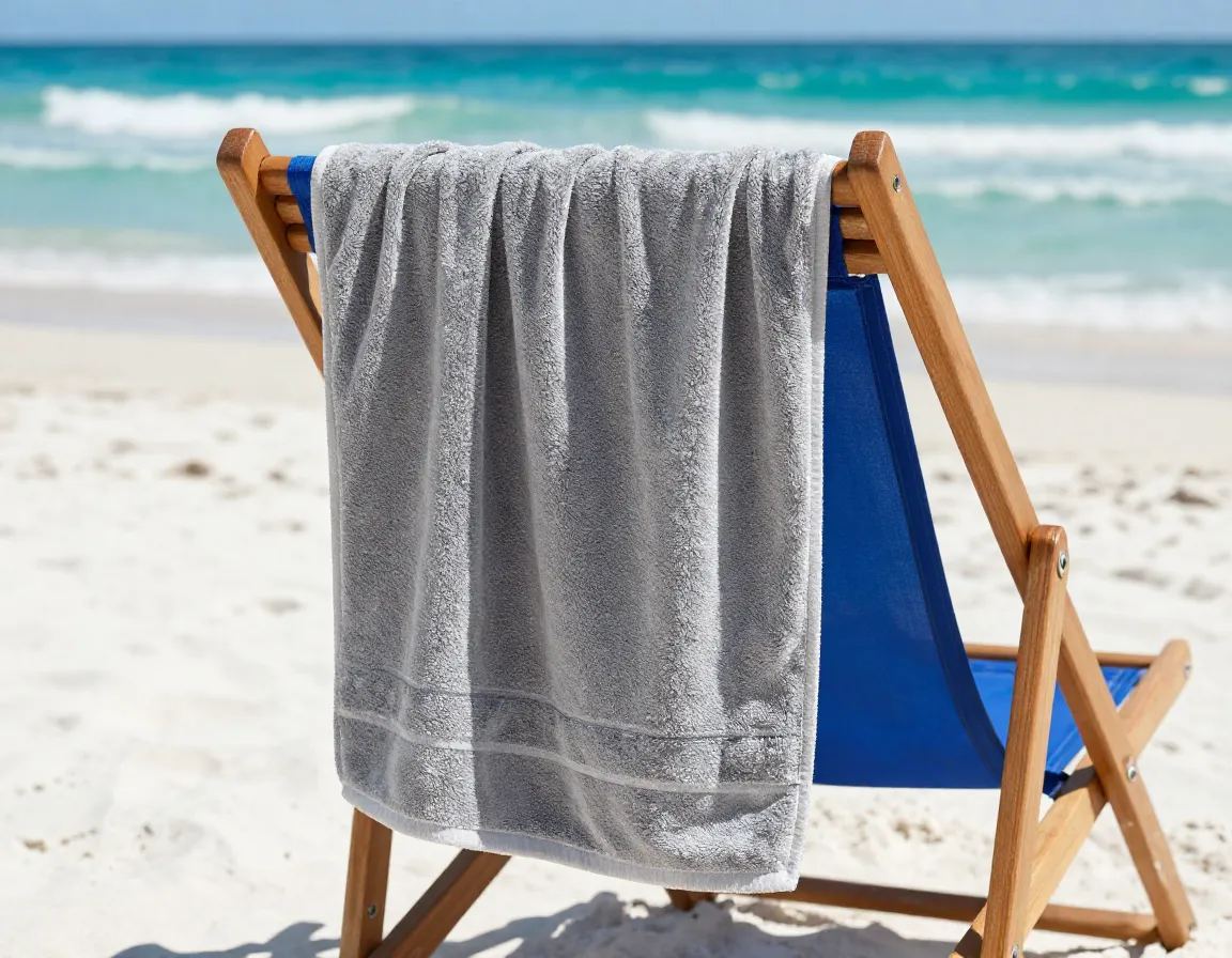Microfiber travel towel drying on a beach chair by the ocean