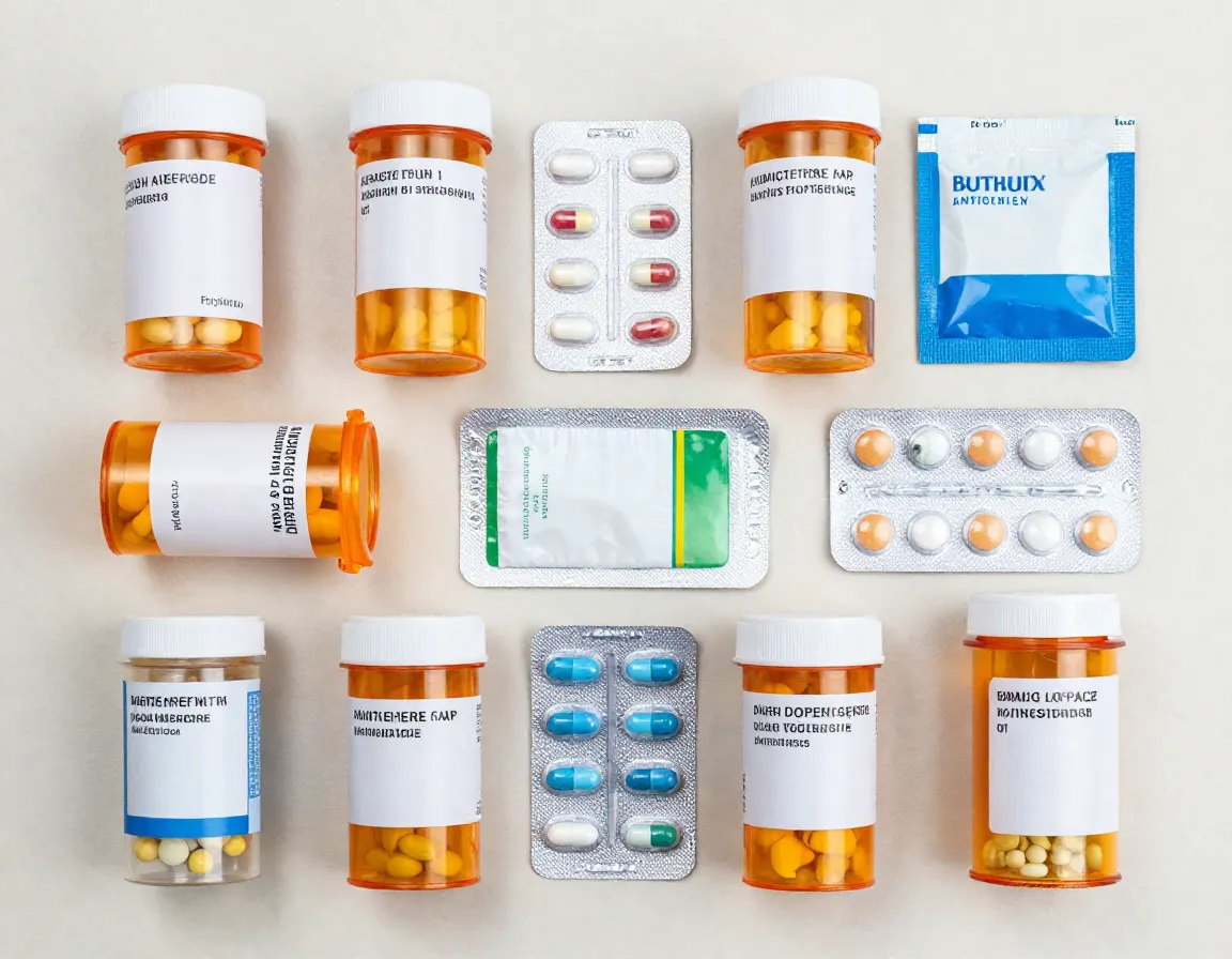 Prescription pill bottles and pain relief medications arrayed