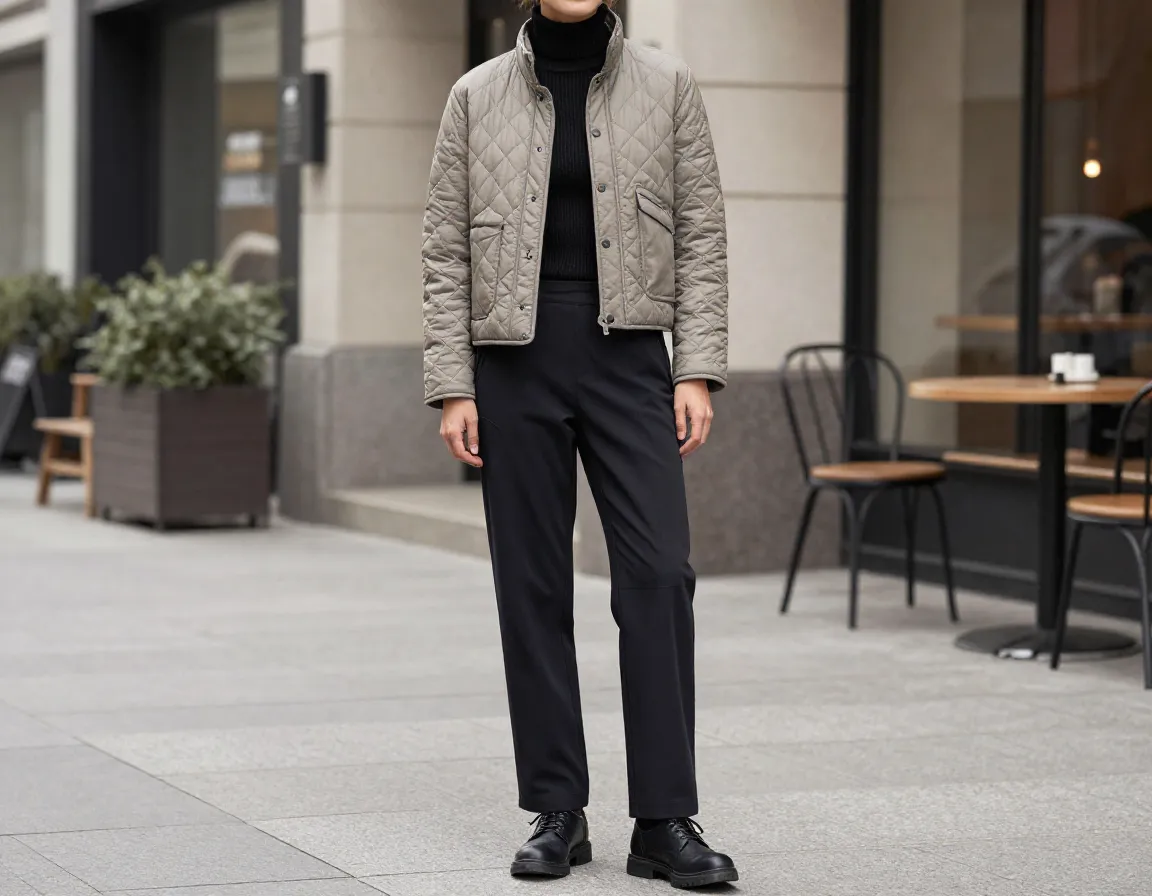 Quilted jacket turtleneck and straight leg pants urban trail look