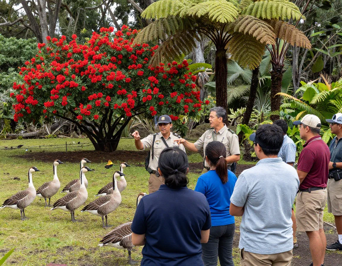 Ranger leading group with nene geese and ohia blossoms in background