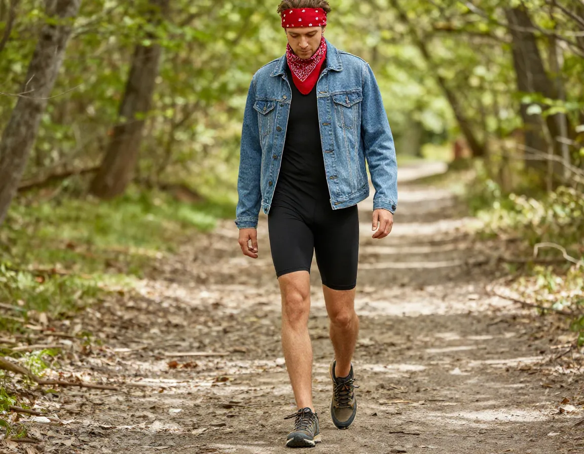 Athletic dress denim jacket and bandana for versatile campsite outfit