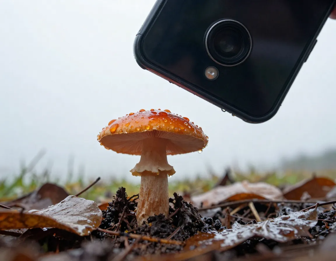 Inverted smartphone shooting rain covered mushroom against sky