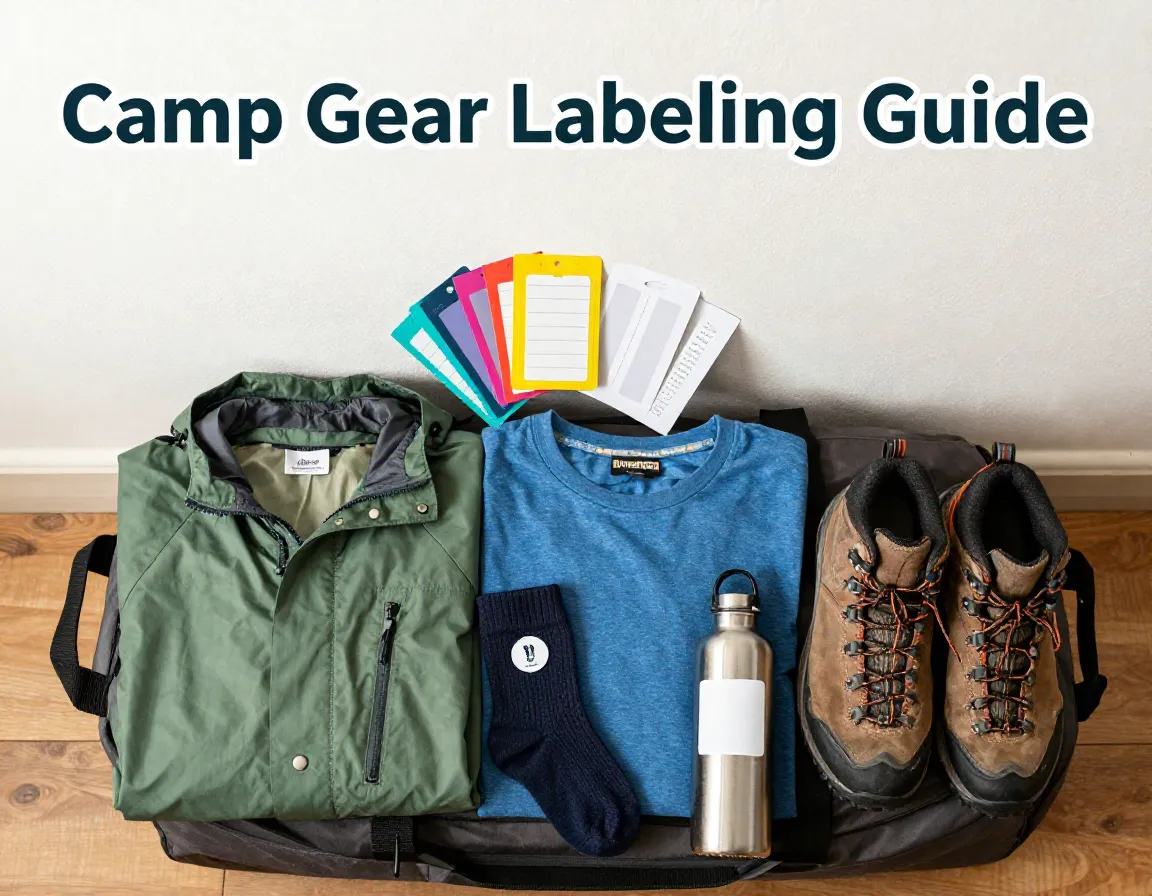 Flat lay organized camp gear with various types durable labels