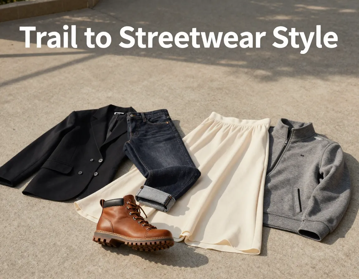 Modern hiking boots styled with urban flat lay fashion elements