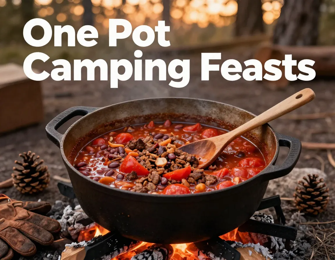 Overhead dutch oven campfire chili pine cones warm lighting campsite