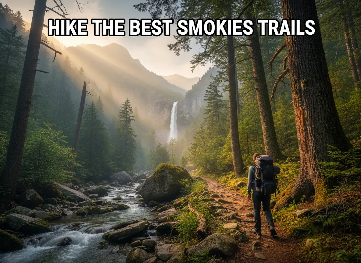 Person hiking smoky mountains forest trail waterfall mist morning light