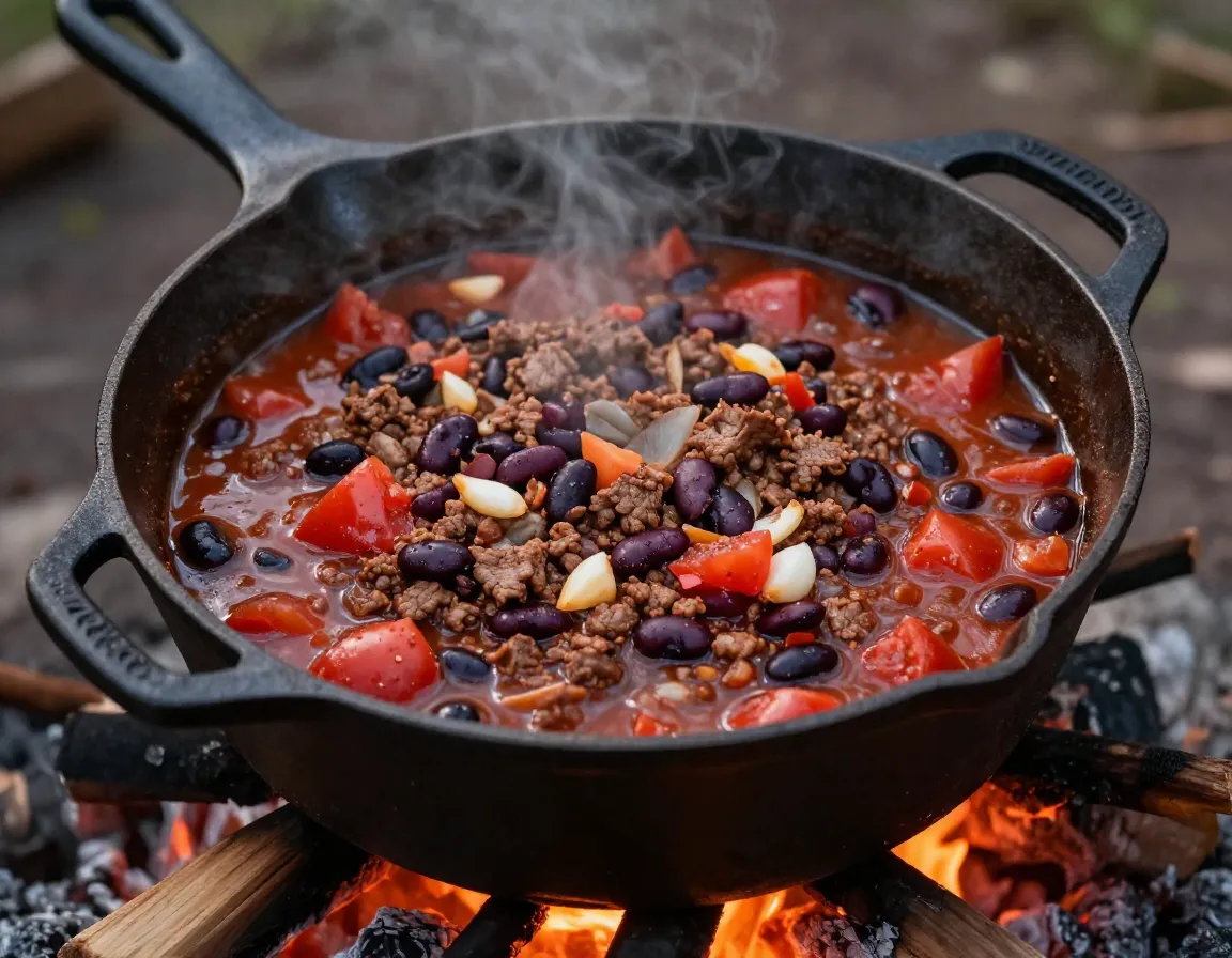 A hearty campfire chili with ground beef beans and tomatoes in a cast iron pot