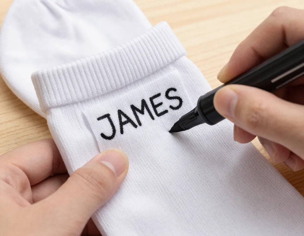 Fabric marker writing name on white sock care label