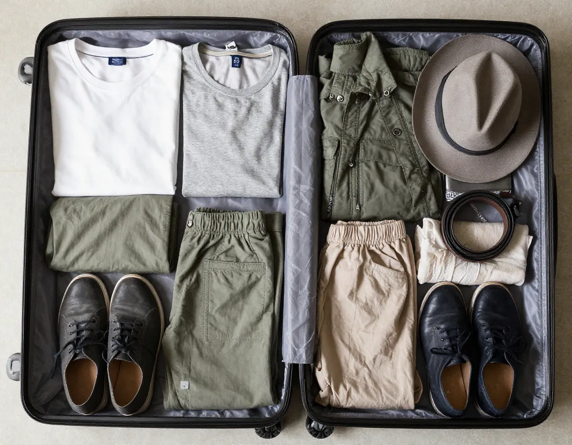 Organized vacation suitcase with mix and match neutral color clothing