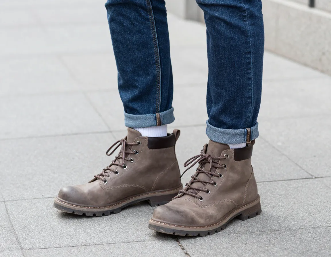 Pair hiking boots with slim fit jeans rolled above ankle classic casual