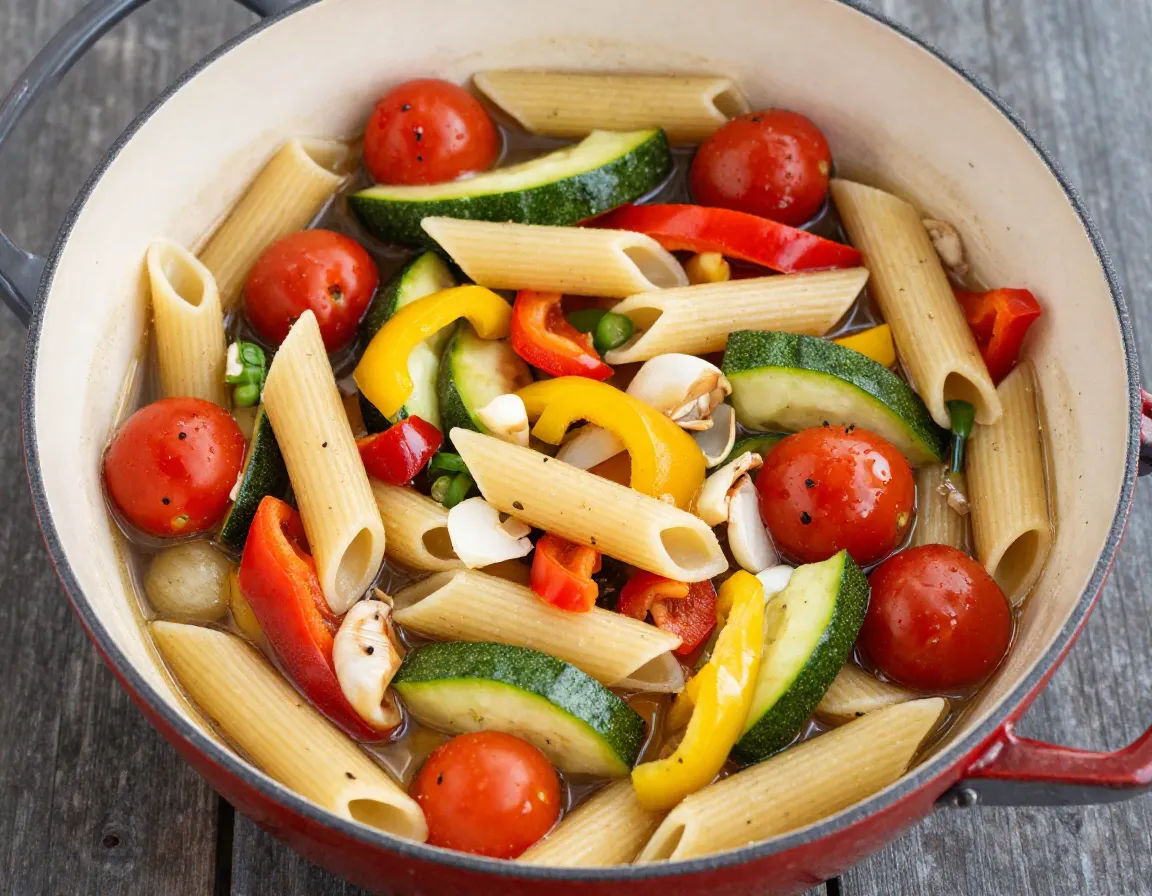 A colorful one pot pasta primavera with vegetables and penne
