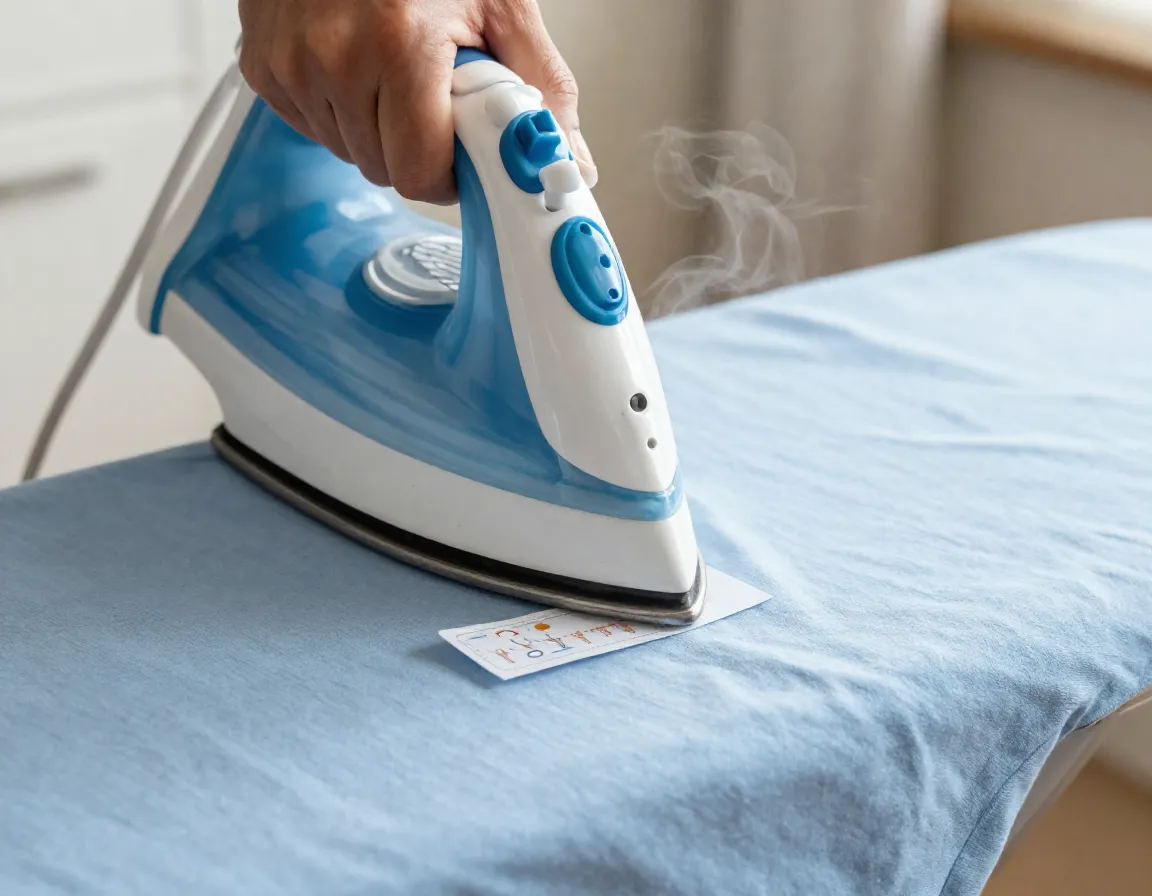 Iron on label application on blue t shirt with heated iron