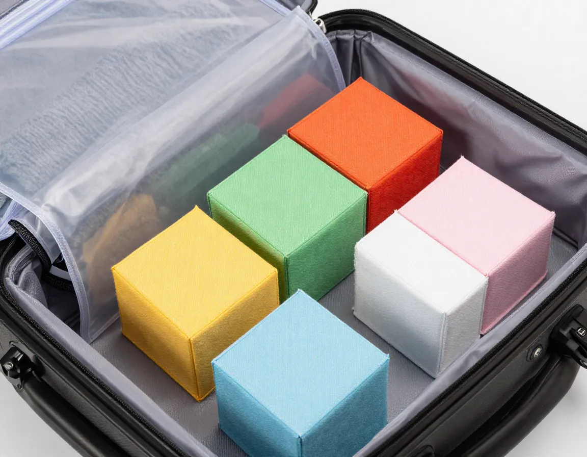 Packing cubes and compression bag set organized in open luggage