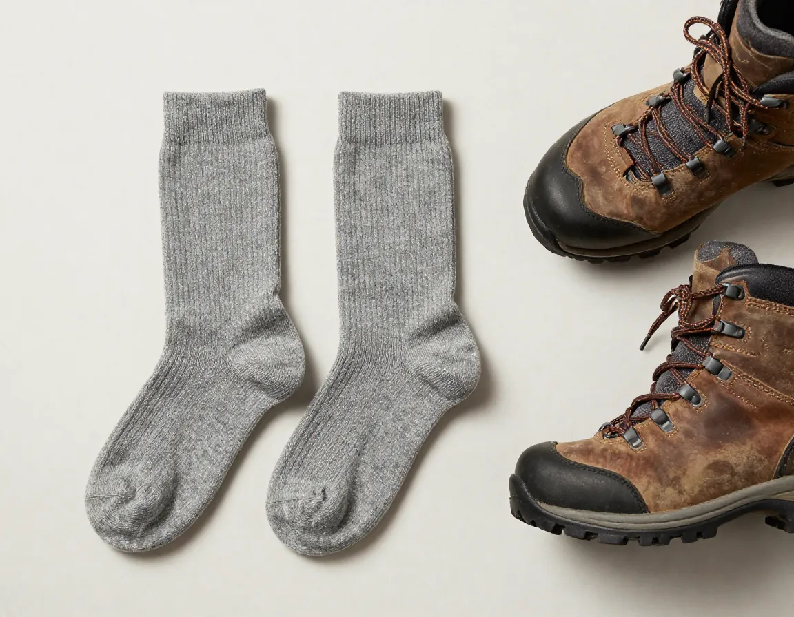 Premium merino wool hiking socks displayed beside hiking boots