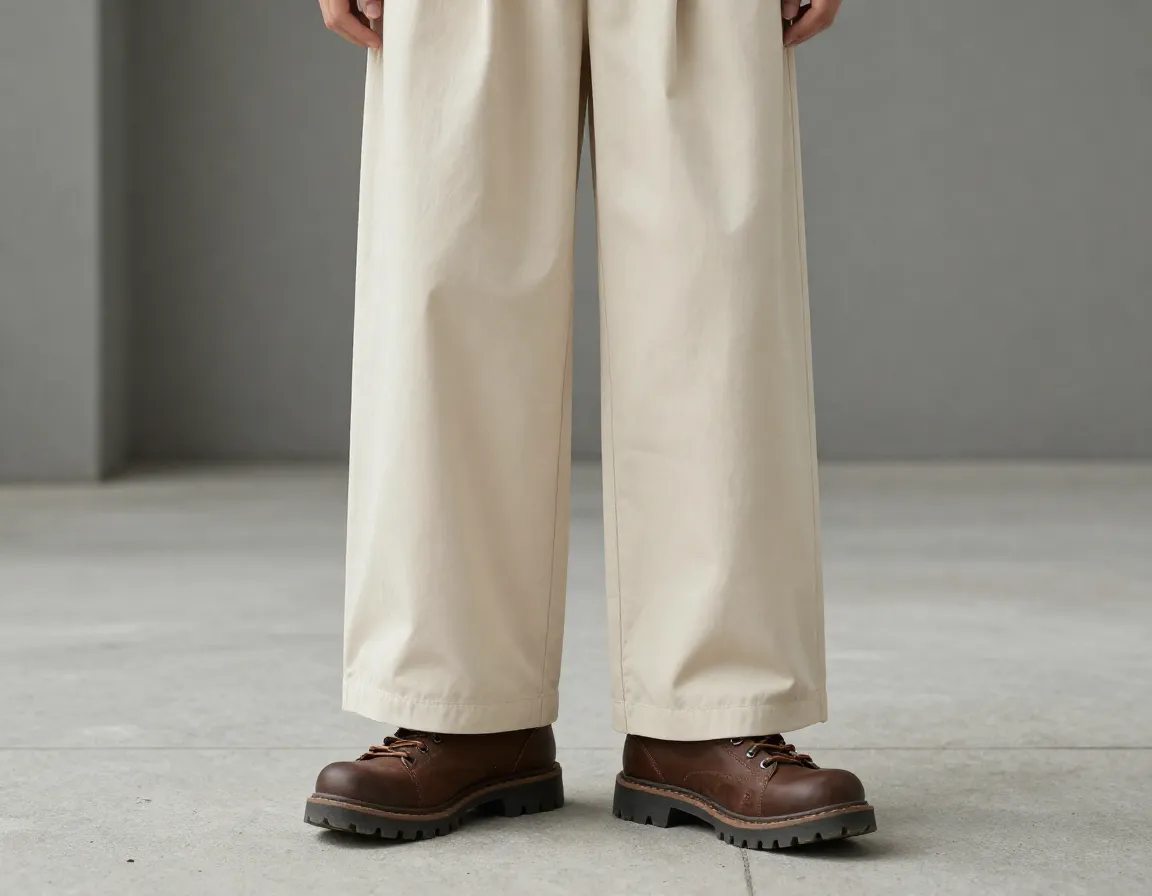Wide leg beige trousers over brown lug sole hiking boots fashion forward