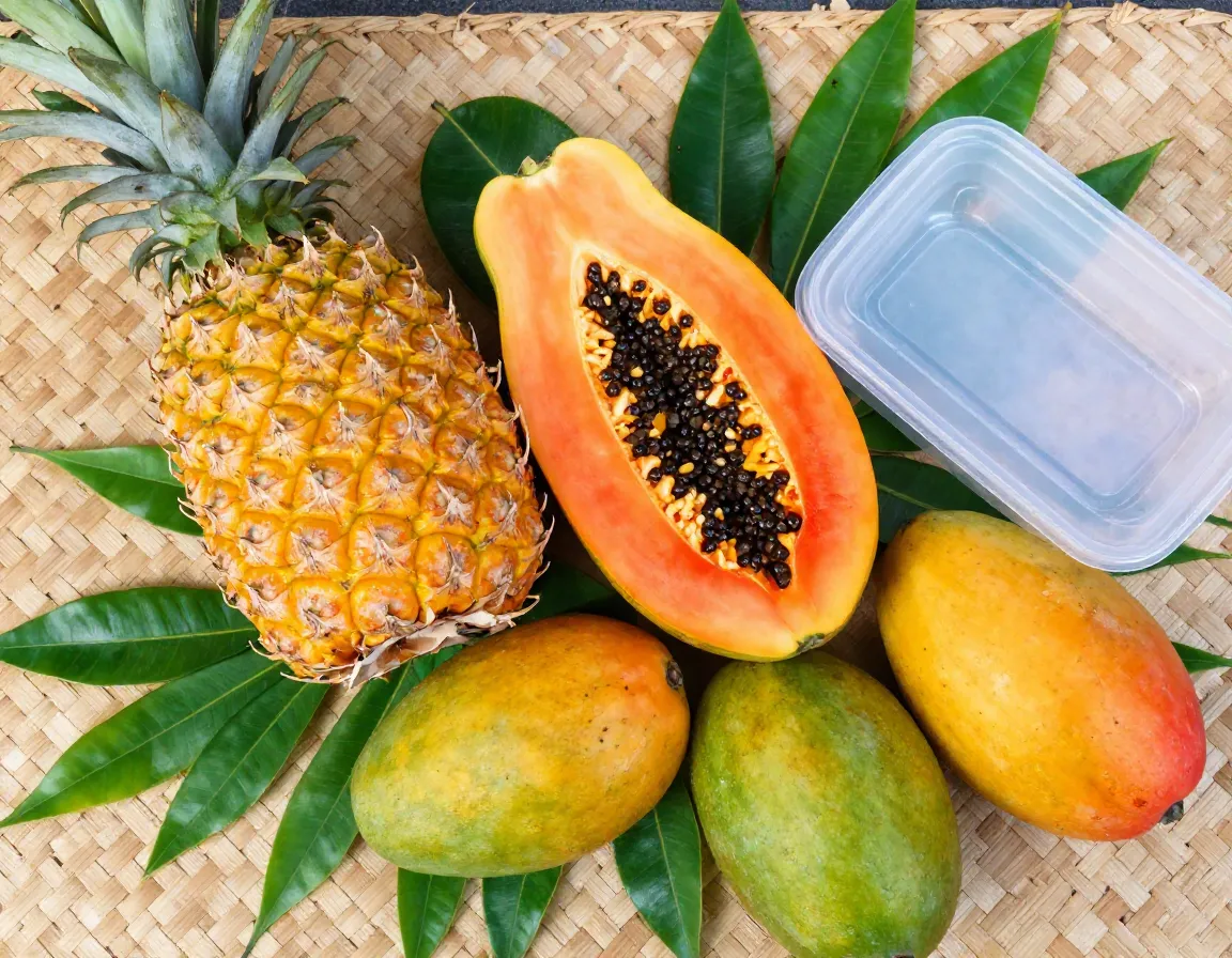 Assorted tropical fruits papaya pineapple mango on market table