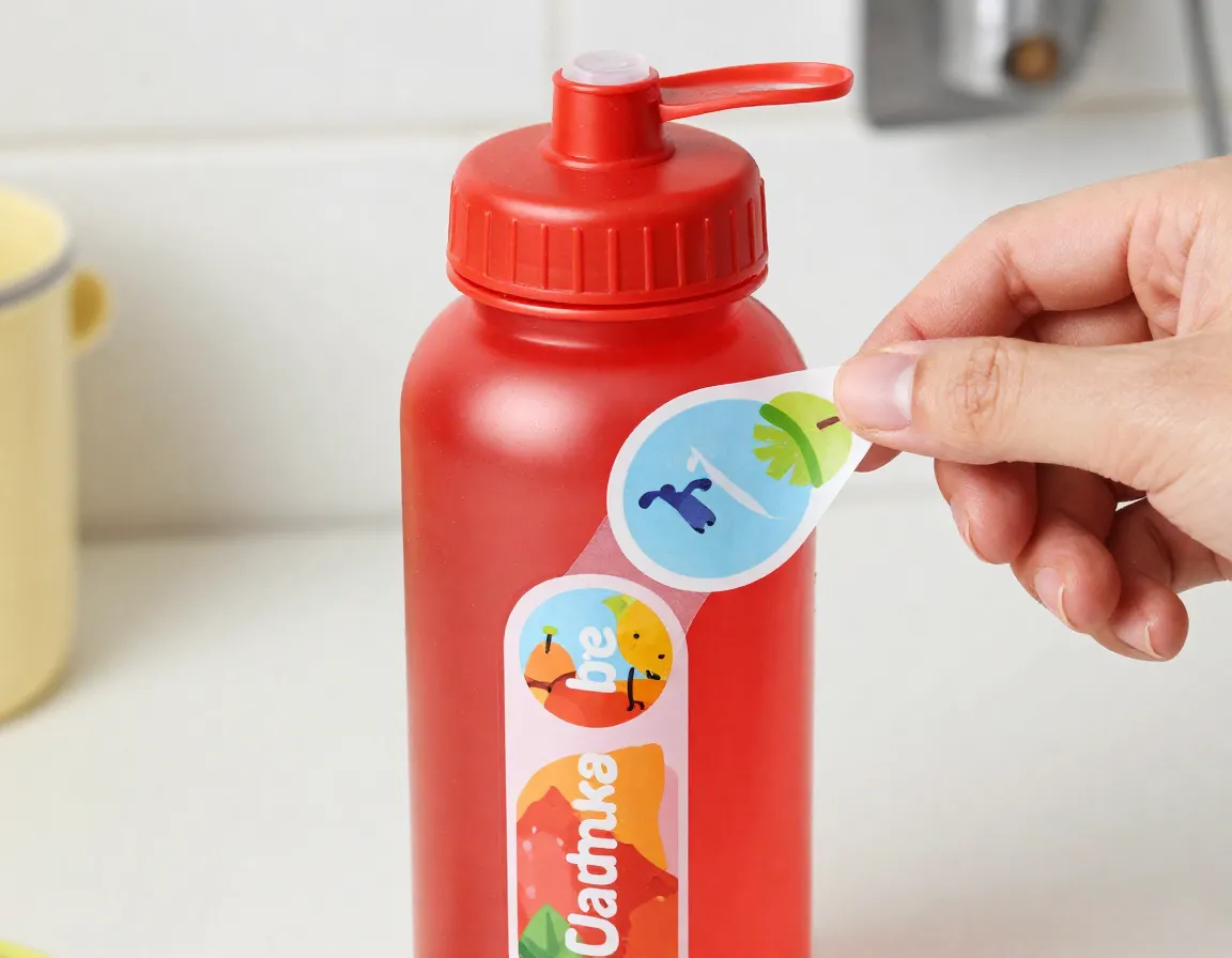 Peel and stick label applied to red plastic water bottle