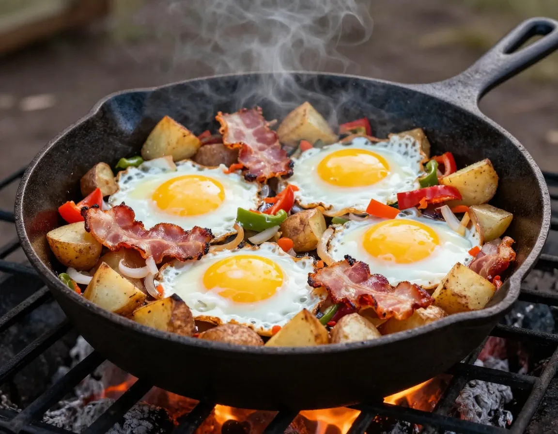 A hearty breakfast skillet with bacon potatoes and eggs