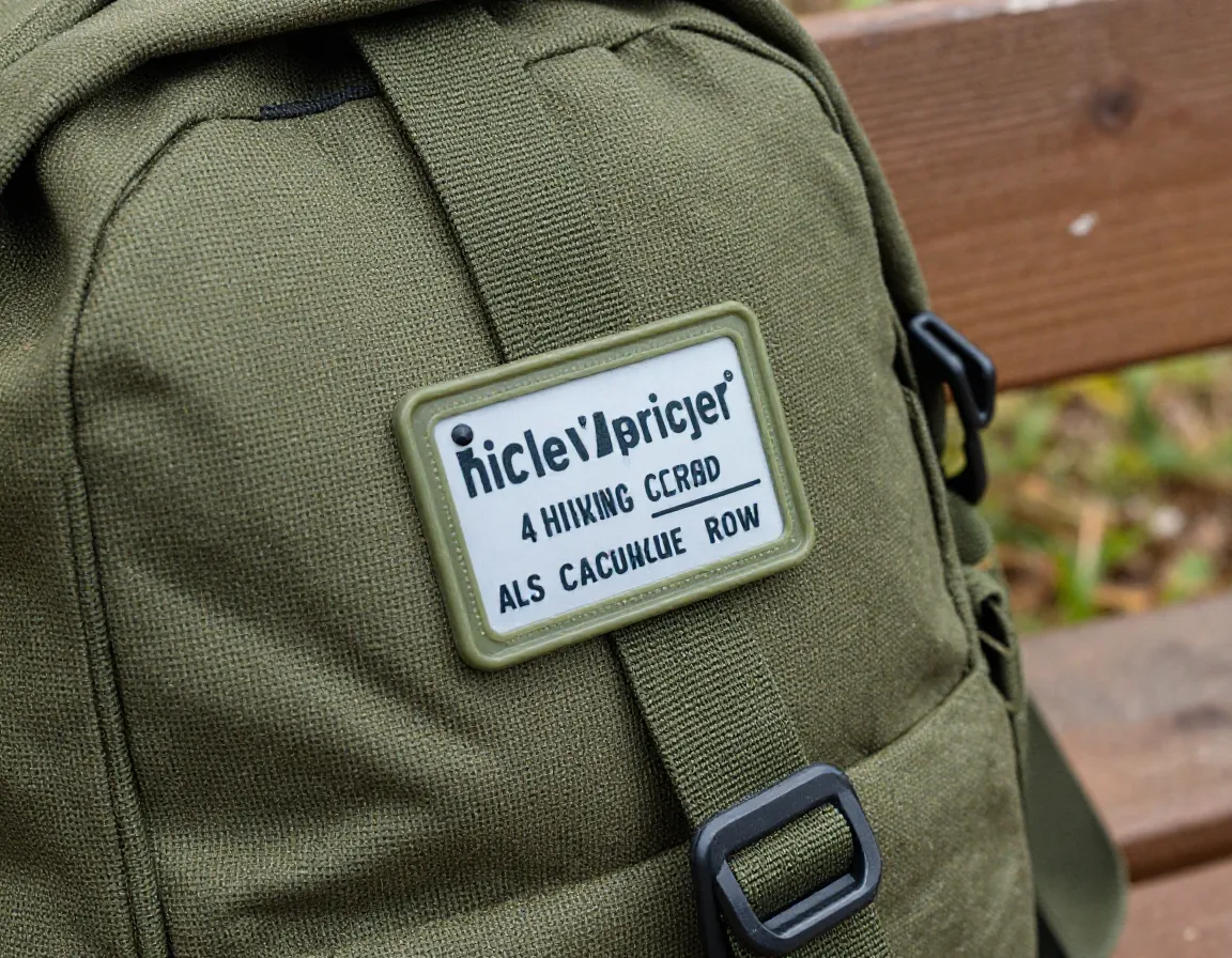 Heavy duty waterproof label on green canvas backpack