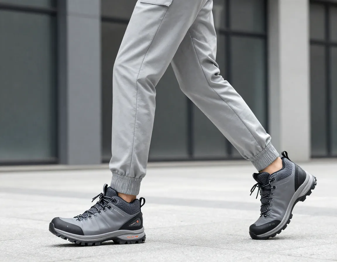 Tapered grey joggers with technical hiking boots athleisure outfit