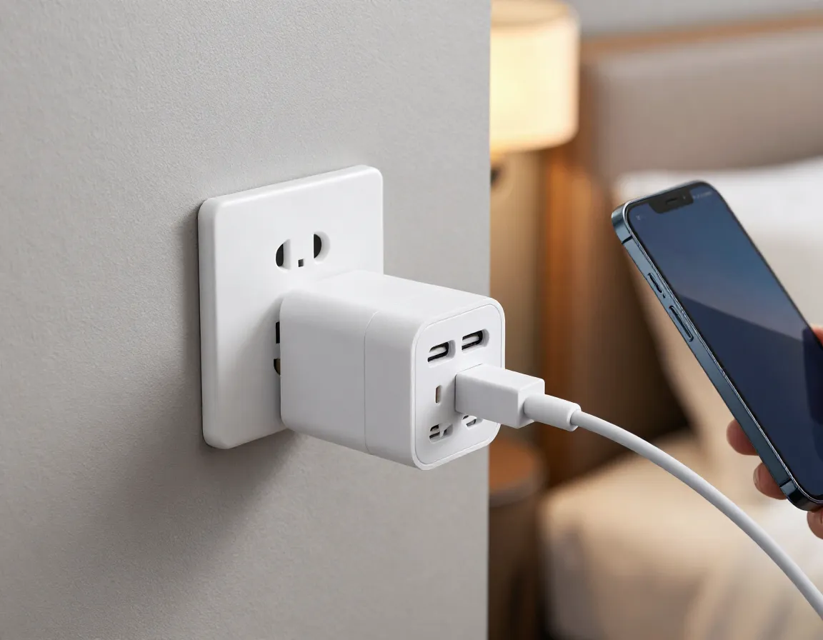 Universal travel adapter plugged into a wall outlet in a hotel room