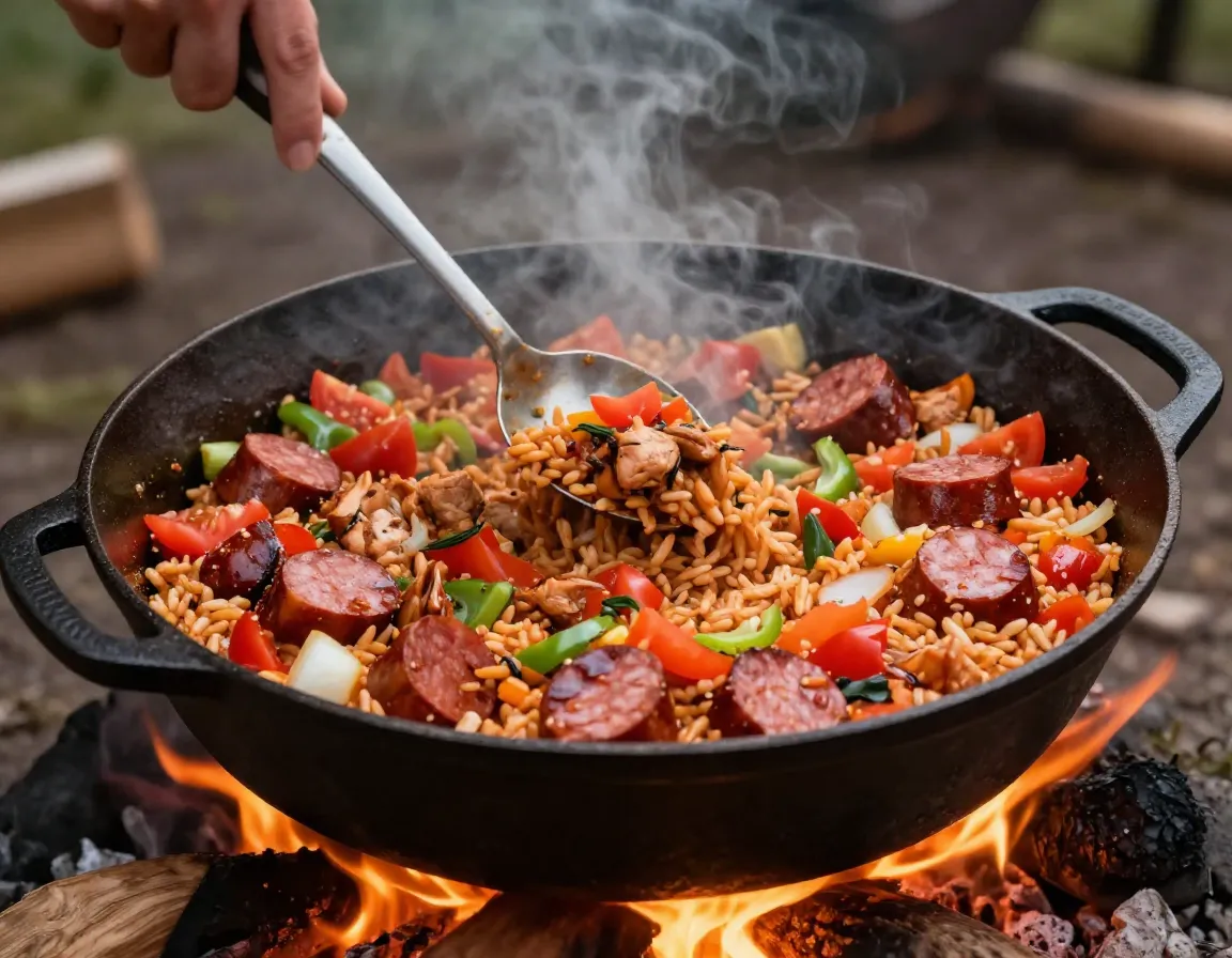 A bold campfire jambalaya with chicken sausage and rice