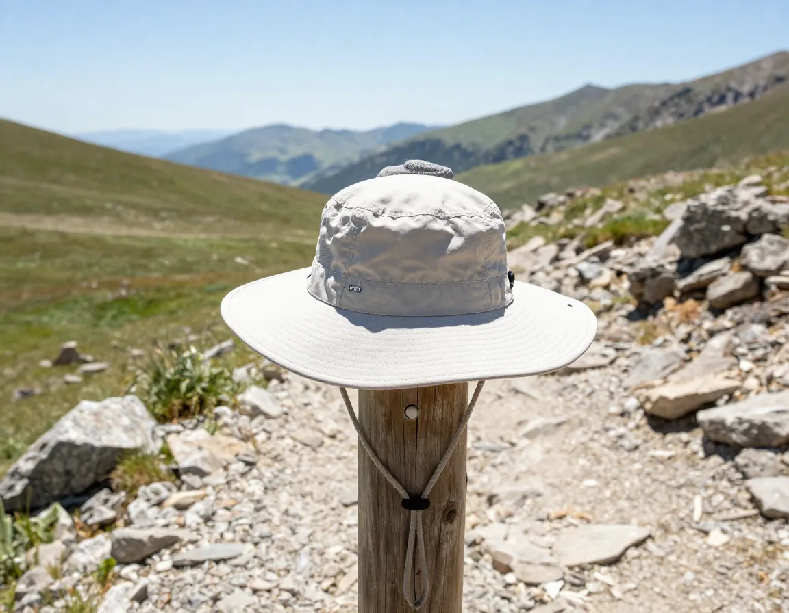 A wide brim upf sun hat on a sunny high altitude trail