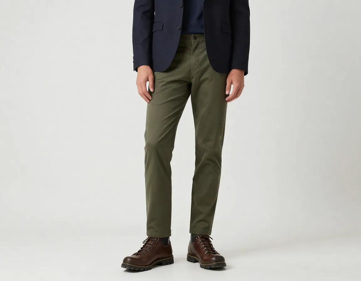 Olive slim chinos navy blazer with dark brown hiking boots smart casual