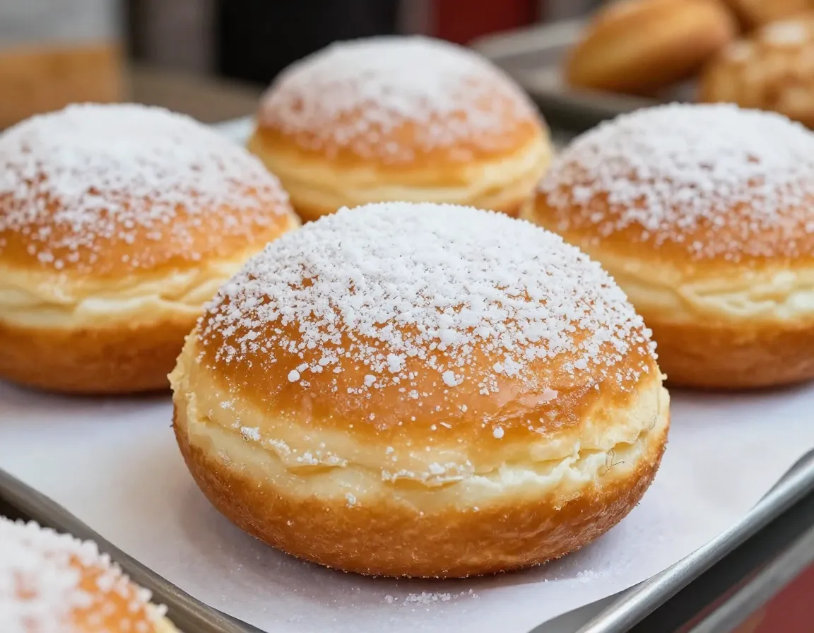Sugar dusted malasada fried doughnut on paper at market