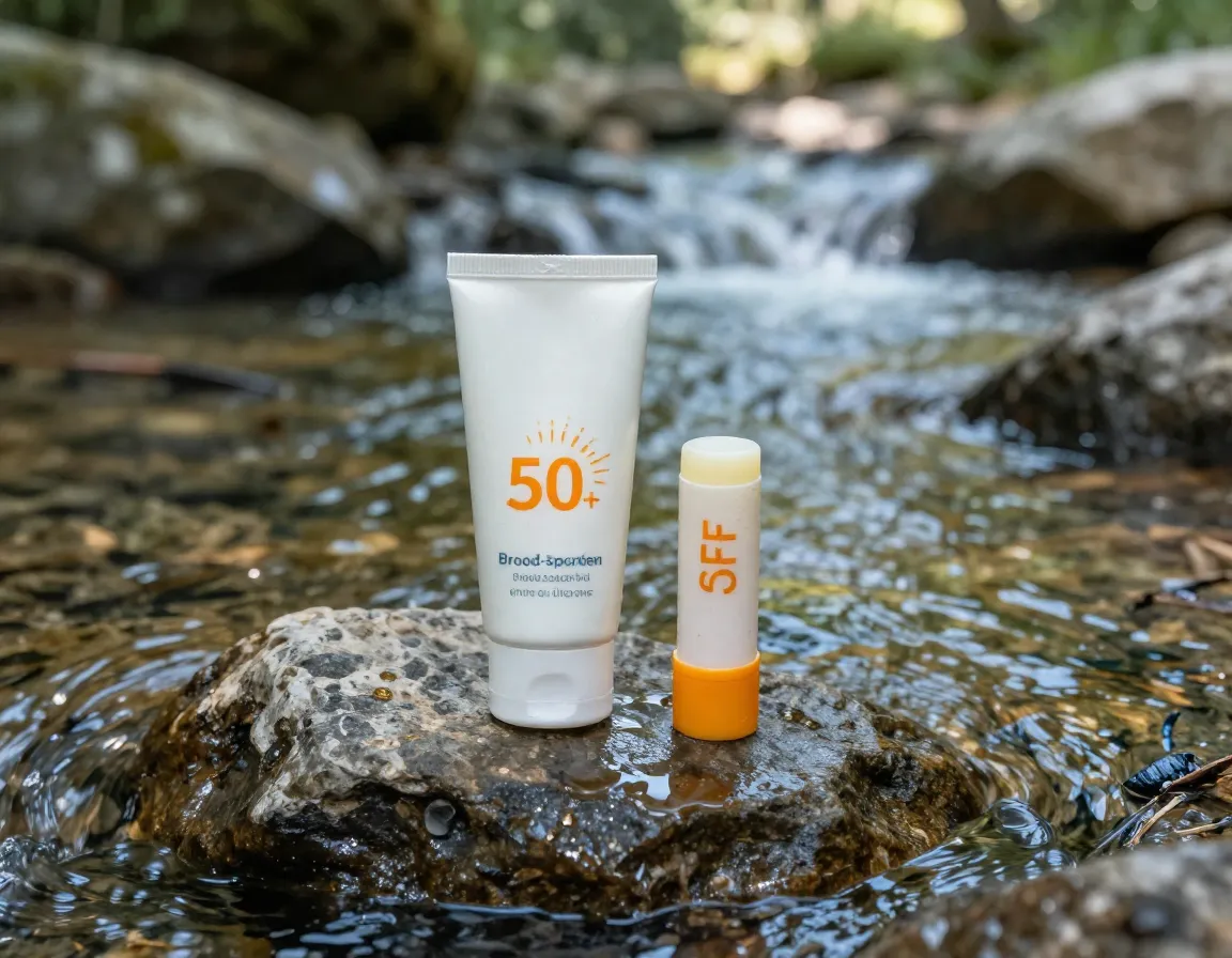 High spf sunscreen and lip balm next to a mountain stream