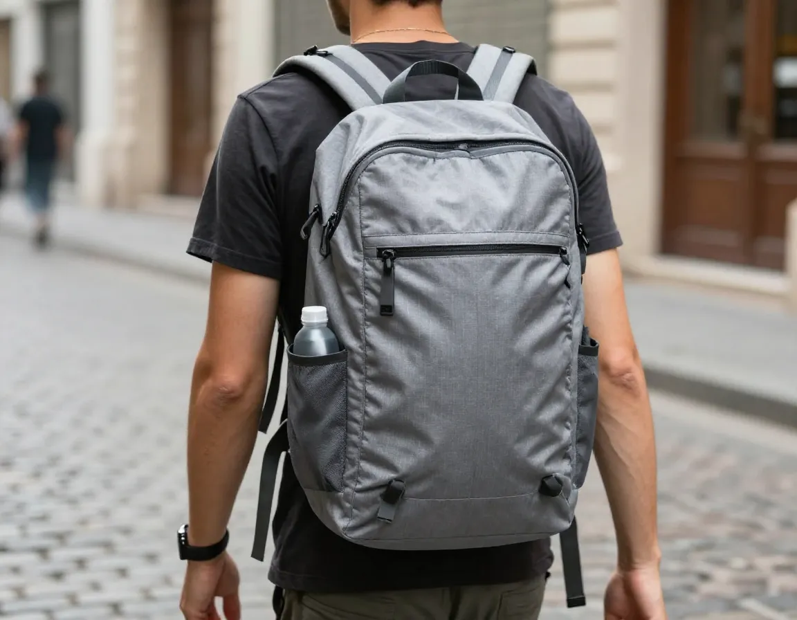 Lightweight packable day backpack being worn in a city street