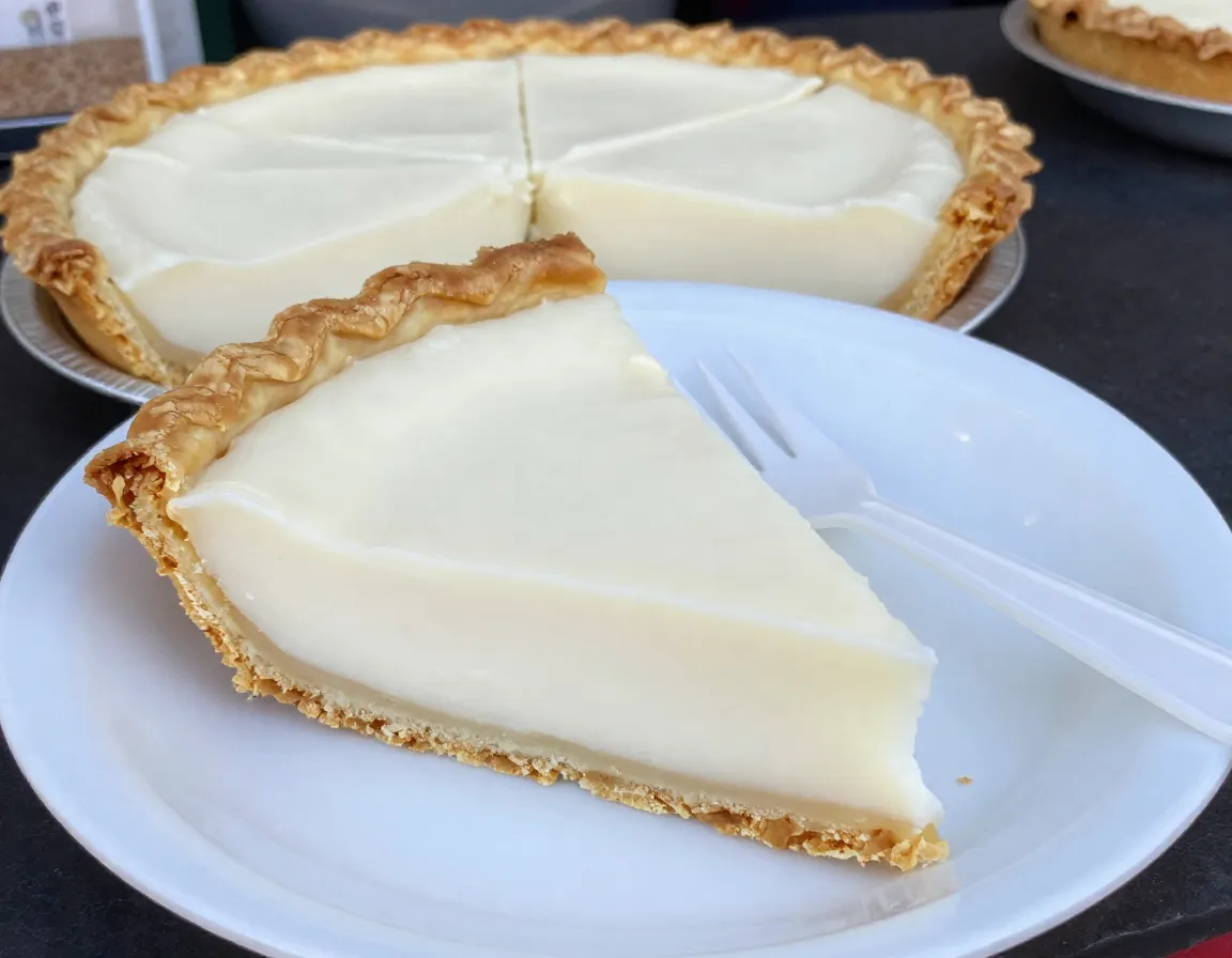 Slice of haupia coconut pudding pie on a market plate