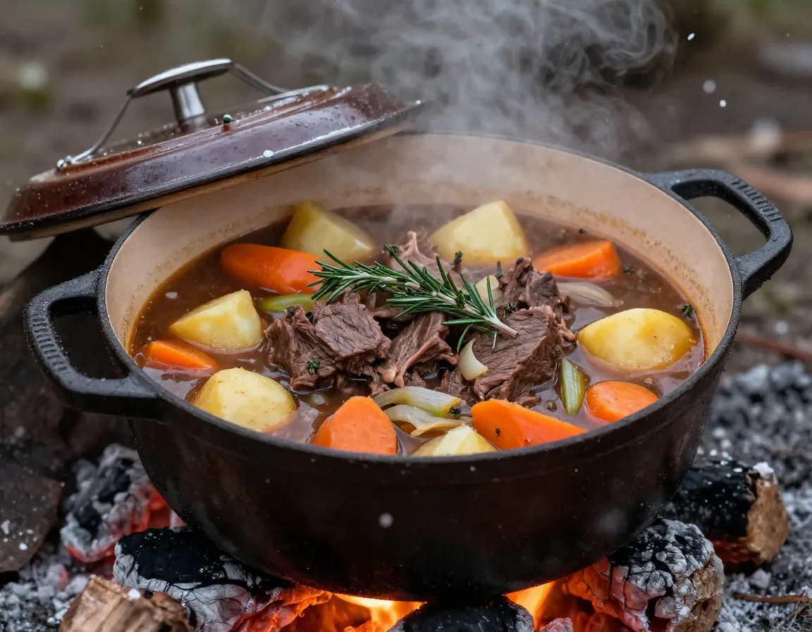 A classic campfire stew with beef carrots and potatoes