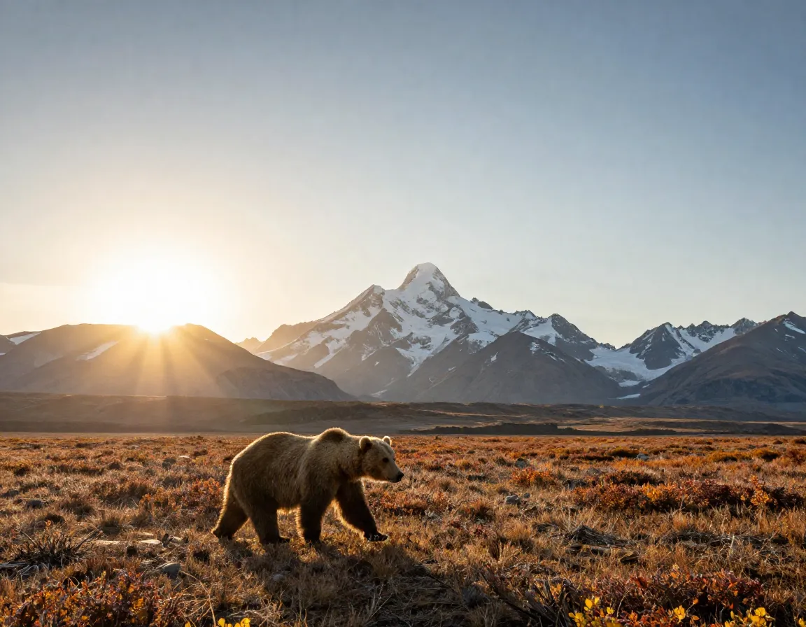 Denali national park alaska grizzly bear tundra low angle sun