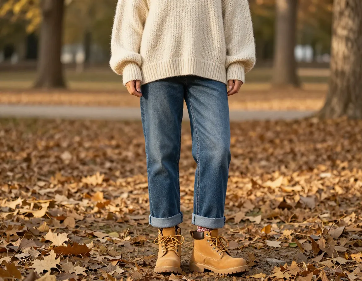 Oversized chunky sweater jeans tan boots cozy autumnal layered look
