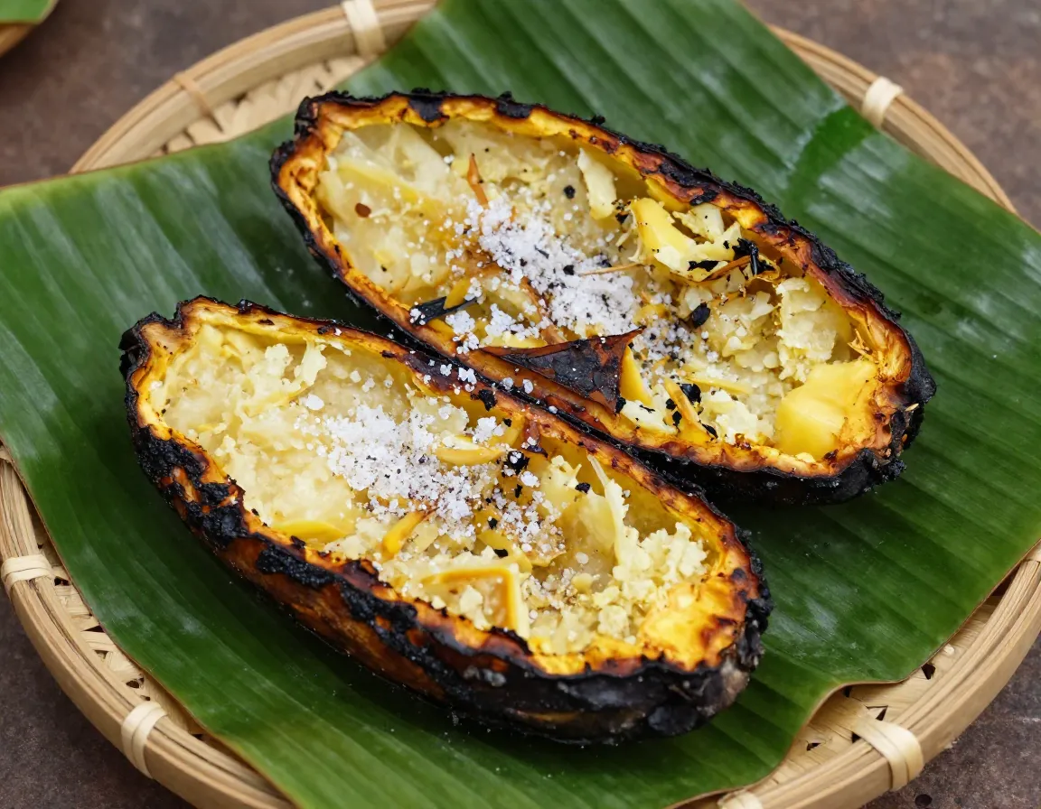 Roasted breadfruit ulu halves with sea salt on banana leaf