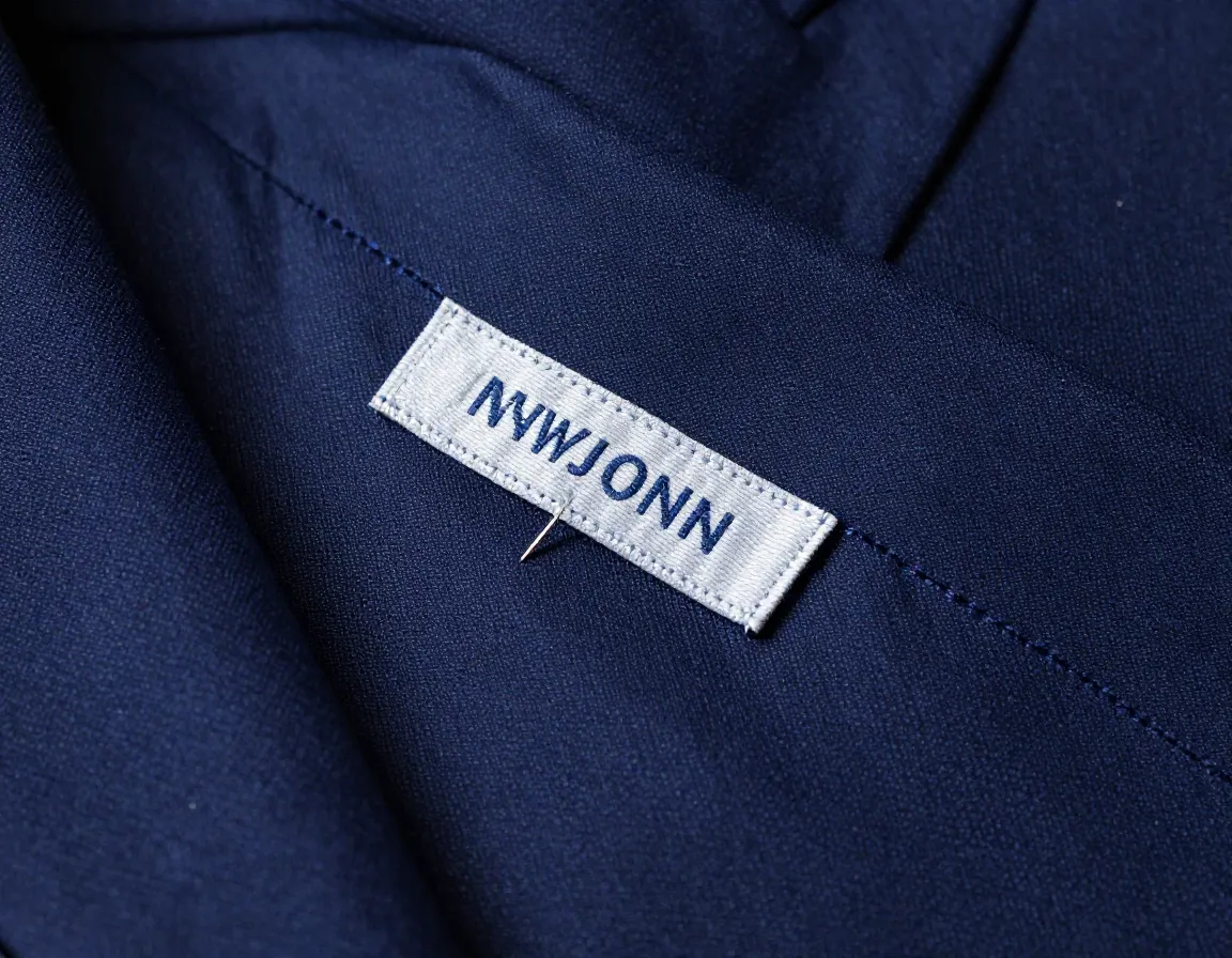 Sewn in woven label inside navy blue blazer collar