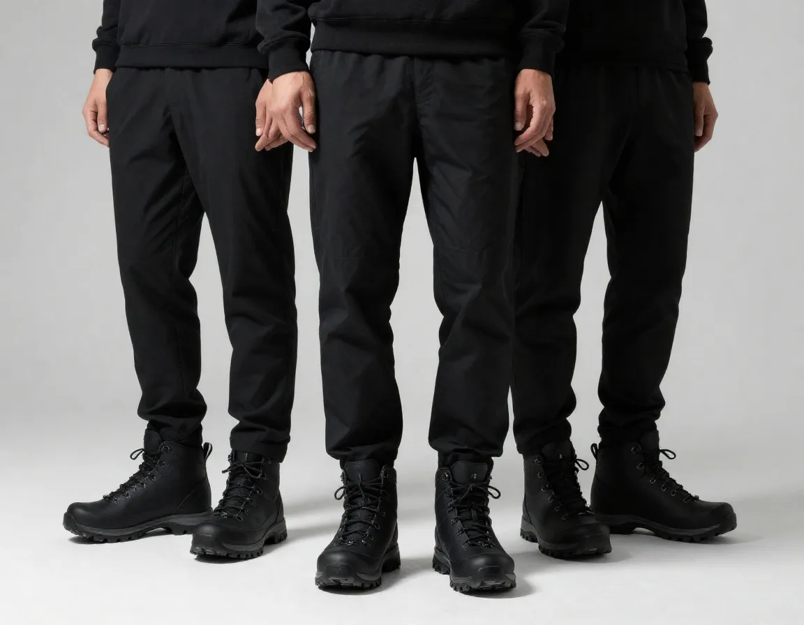 All black monochromatic outfit with matte black waterproof hiking boots