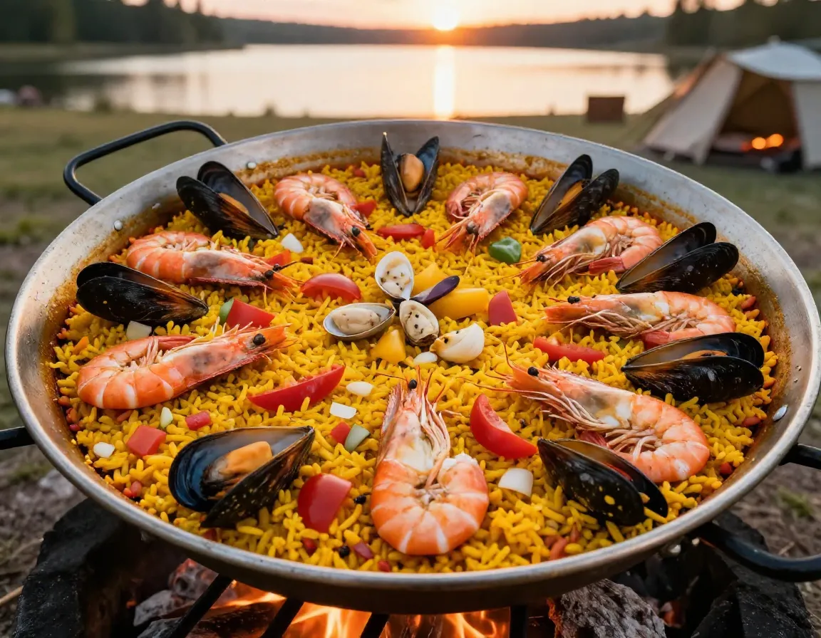 An impressive campfire paella with shrimp and saffron rice