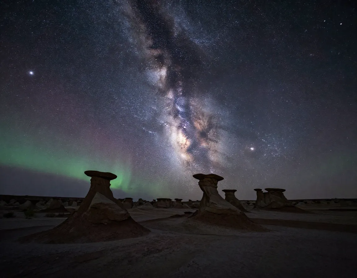 Bisti badlands hoodoo formations milky way night sky aurora
