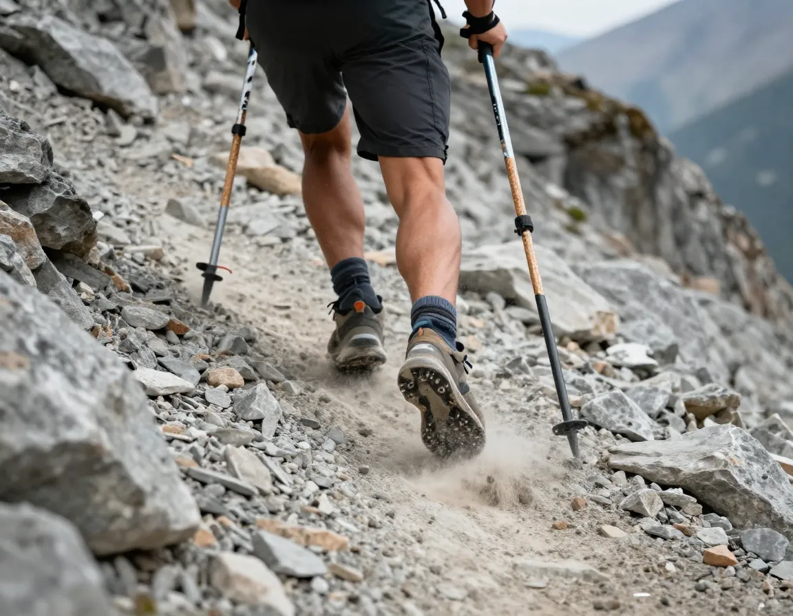 Collapsible trekking poles in use on a steep mountain descent