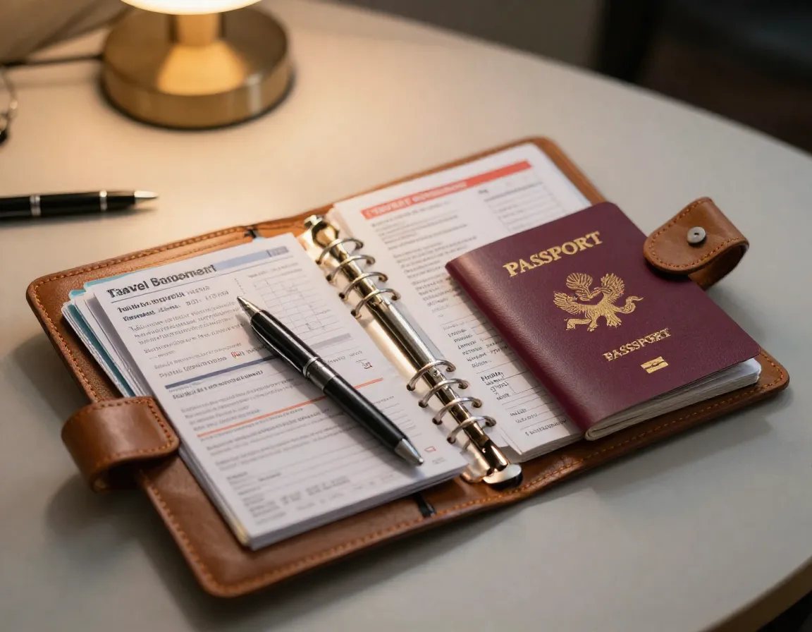 Travel document organizer with passport and printed itinerary copies