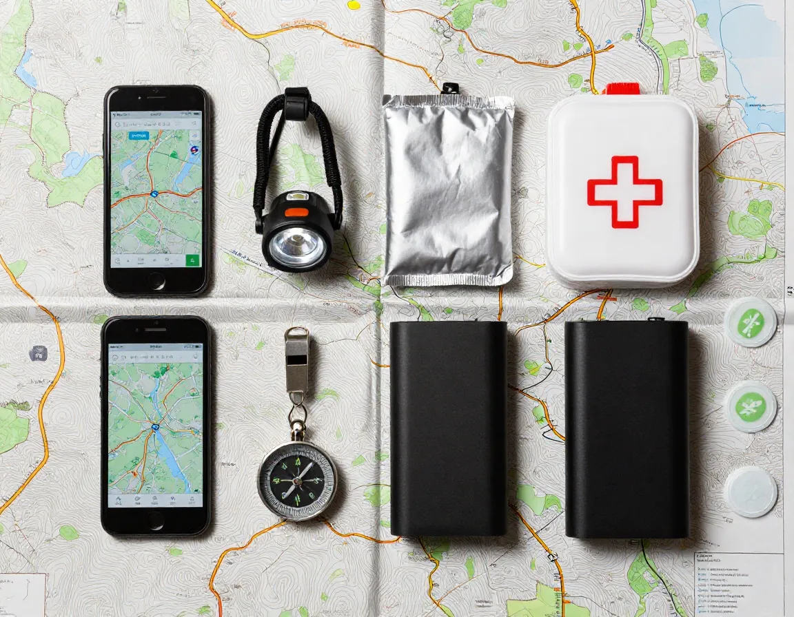 Navigation and safety essentials laid out on a topographic map