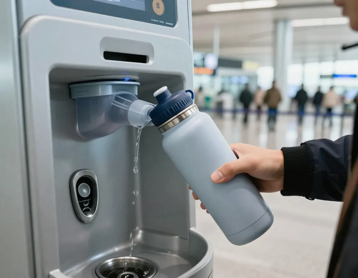 Reusable water bottle with filter being filled at airport station