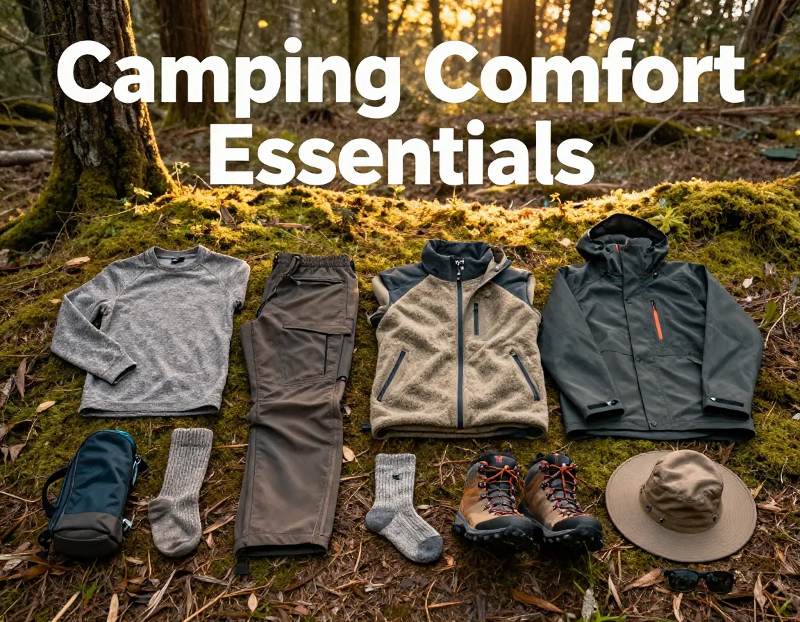 Essential camping gear flat lay woodland backdrop hiking wear