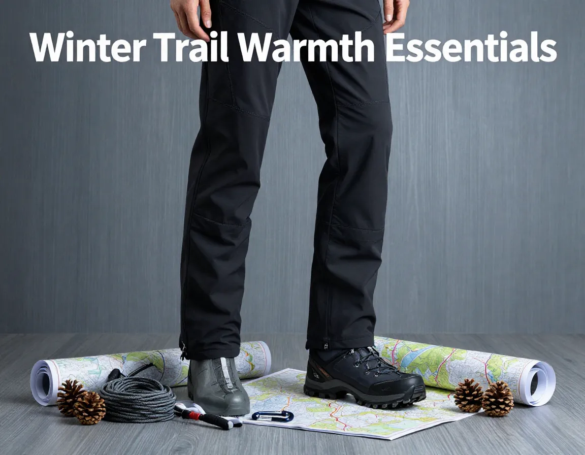 Insulated hiking pants gear studio shot pinecone map rope carabiner