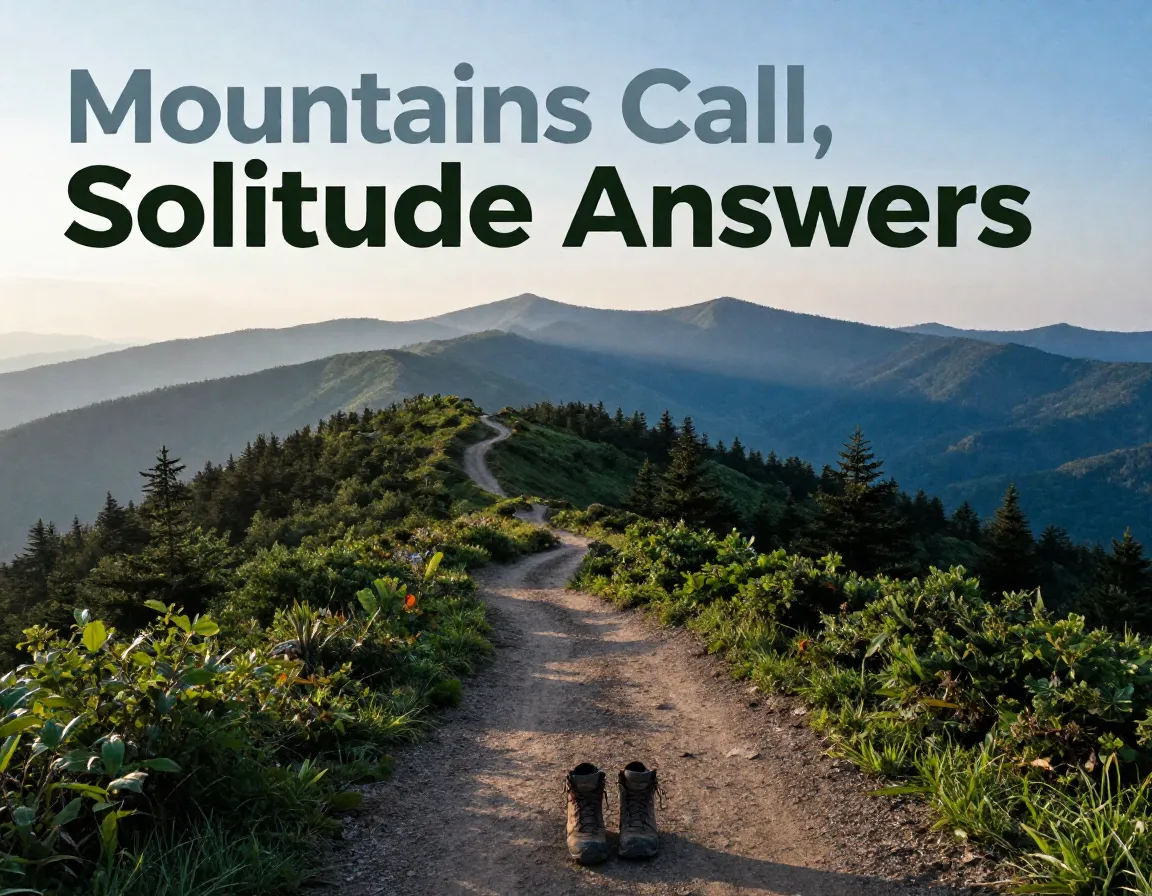 Solitary hiking trail leading to misty smoky mountain ridges at dawn