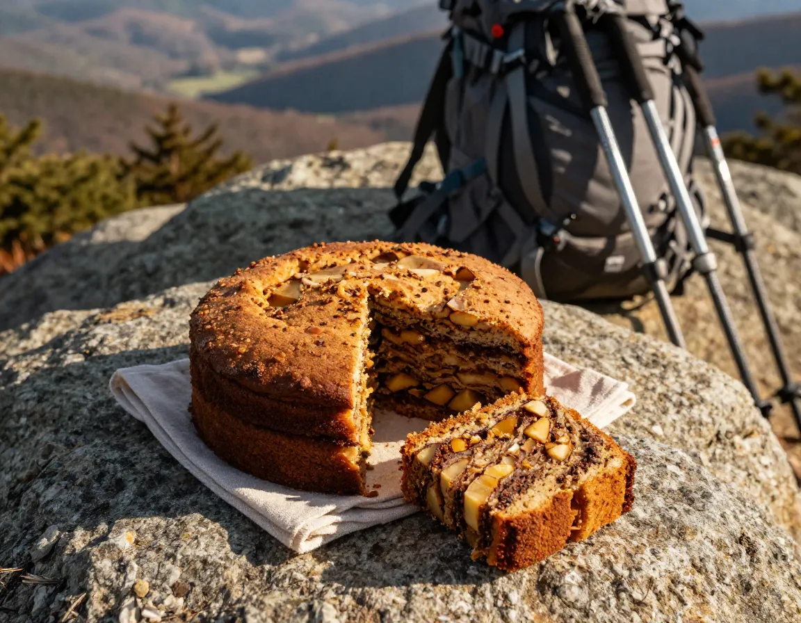 Appalachian stack cake on boulder with hiker pack trail view